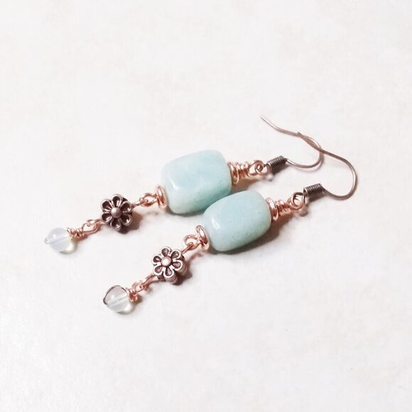 Lightweight Green Aventurine & Copper Blossoms Dangle Earrings! Prosperity +Luck - Picture 2 of 7